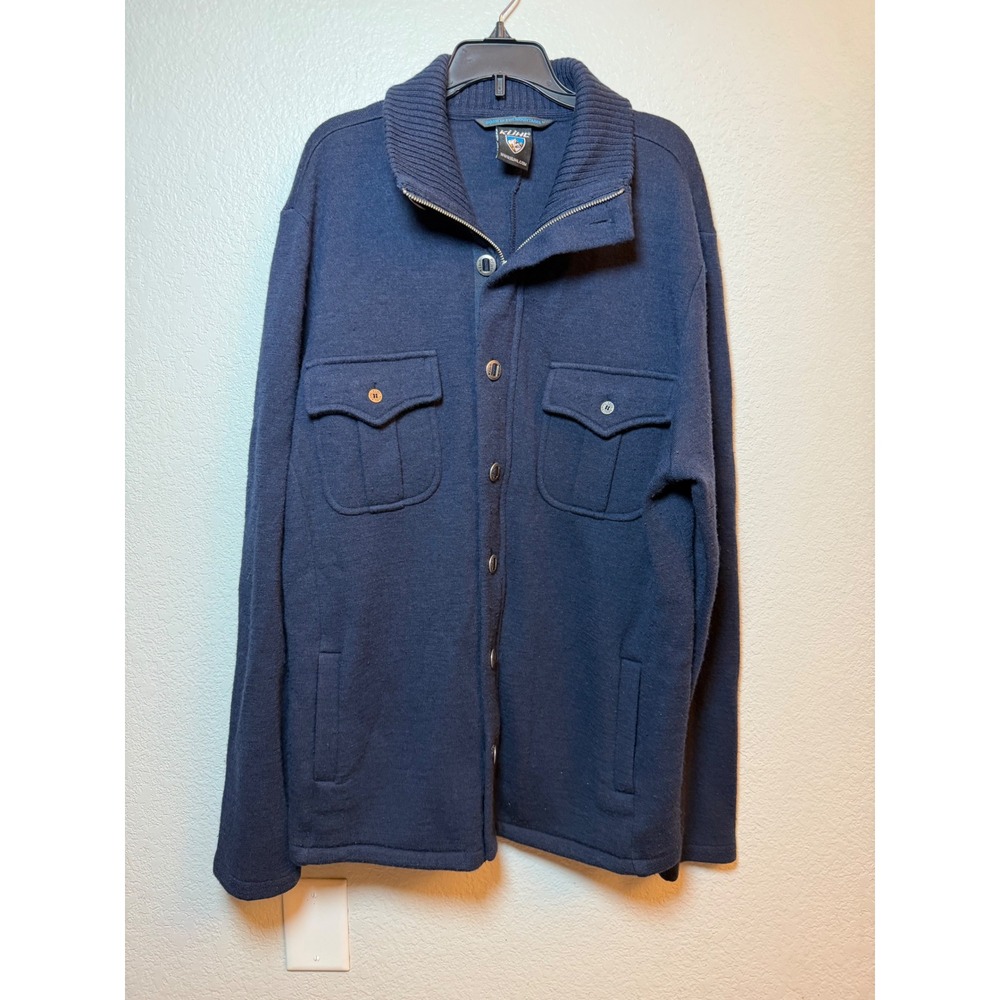 Kuhl Revel 100% Merino Wool Sweater Mens L Navy Blue Button Up 1/4 Zip Jacket